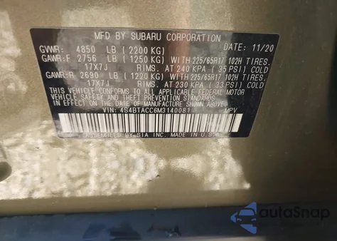 2021 Subaru Outback Premium из США, поврежденный, VIN 4S4BTACC6M3140081